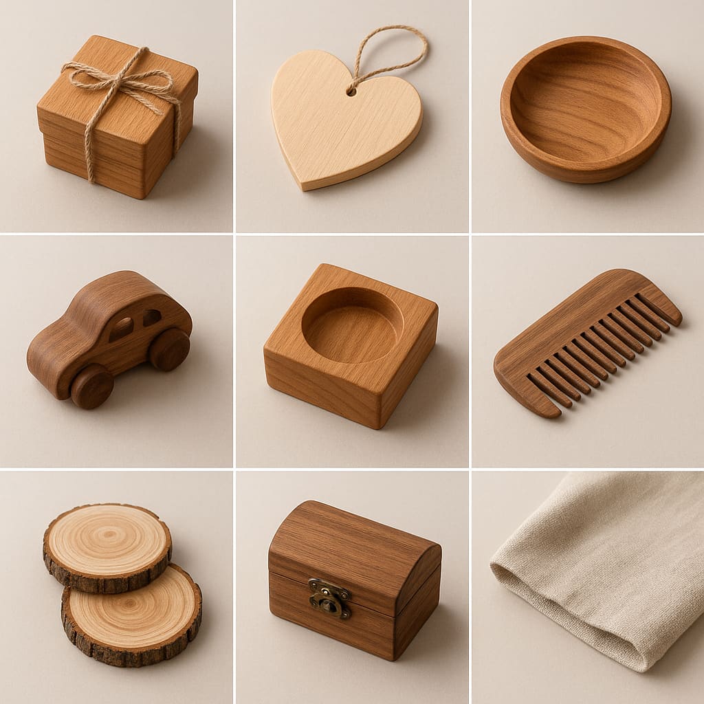 Kollektion aus Holzgeschenken im Studio