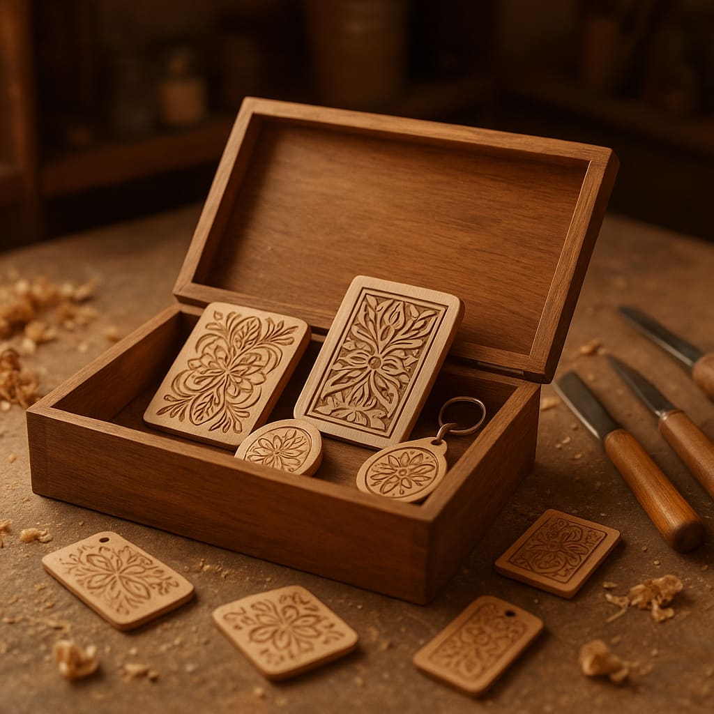 Graviertes Holzgeschenk-Set auf Werkbank