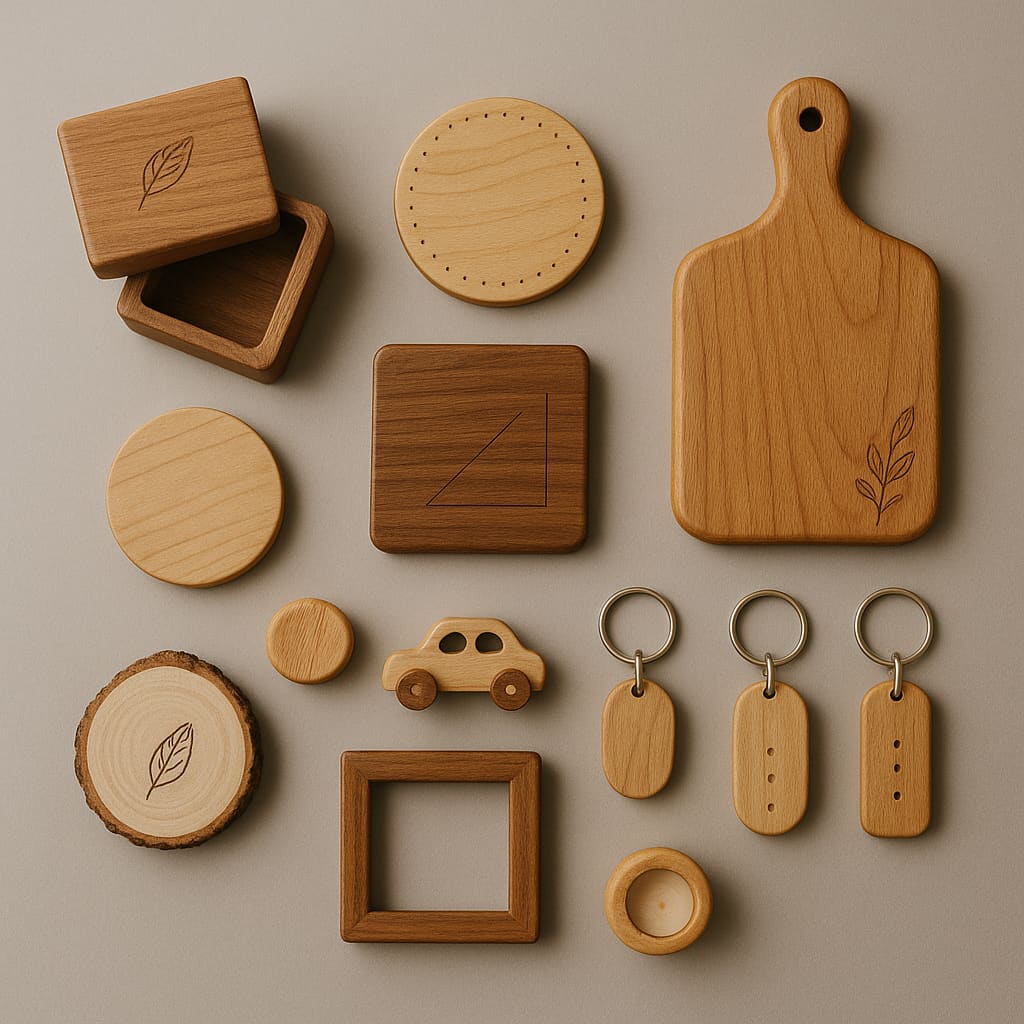 Sortiment handgemachter Holzgeschenke